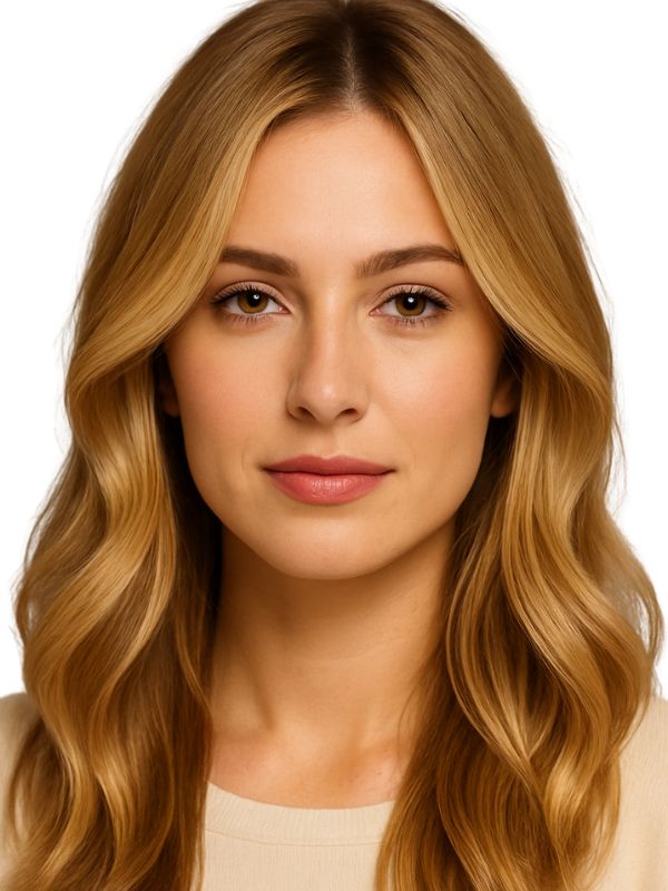 Donna con capelli biondo miele e schiariture naturali, tonalità calde e luminose, tendenza estate 2025.