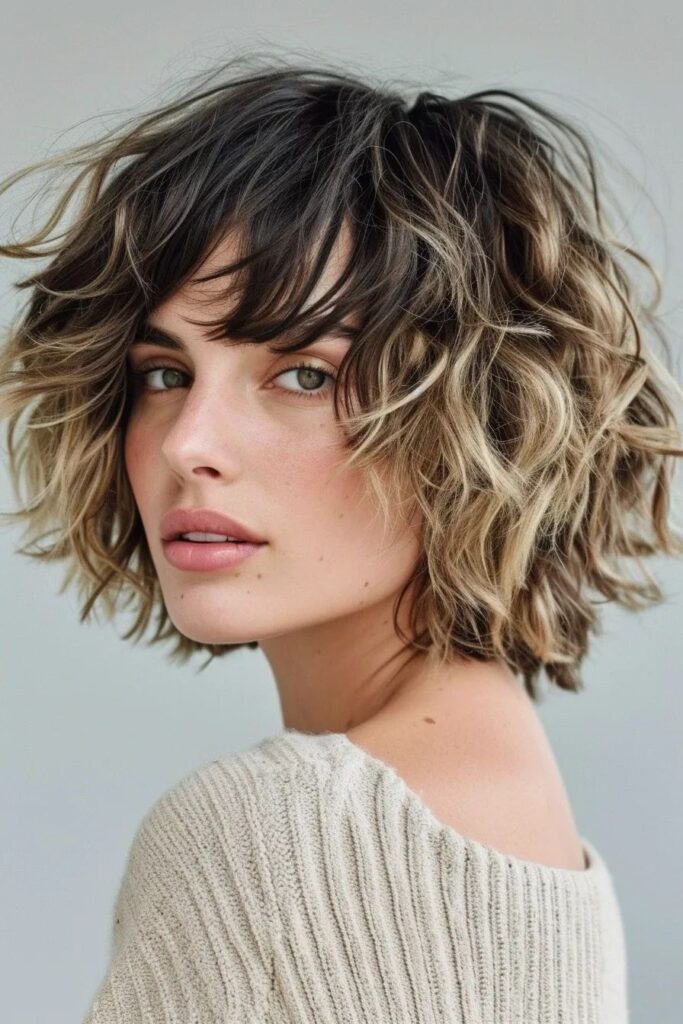 Donna con taglio bob mosso corto, frangia piena e colore biondo sfumato con radici scure, effetto spettinato naturale.