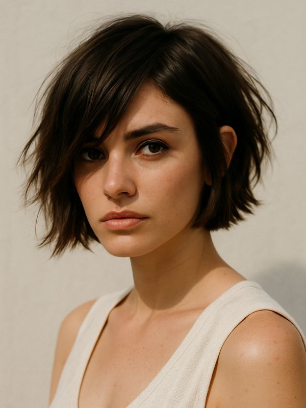 Donna con taglio bob spettinato corto castano scuro, look capelli estate 2025
