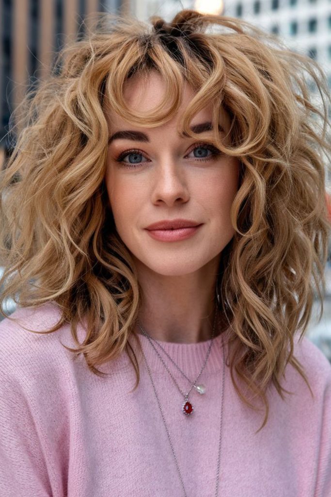 Donna con taglio butterfly medio su capelli biondi ricci effetto naturale, frangia morbida e styling voluminoso, tendenza estate 2025.