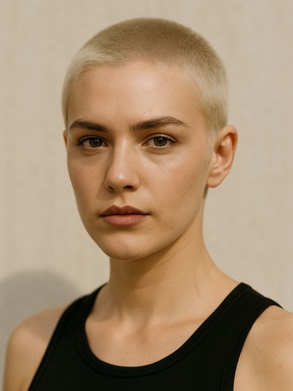 Donna con taglio rasato biondo platino, buzz cut minimal per l’estate 2025