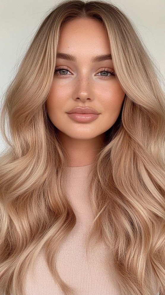 Primo piano di una donna con capelli Champagne Blonde, lunghi, mossi e luminosi. Look elegante e naturale, perfetto per l’estate.