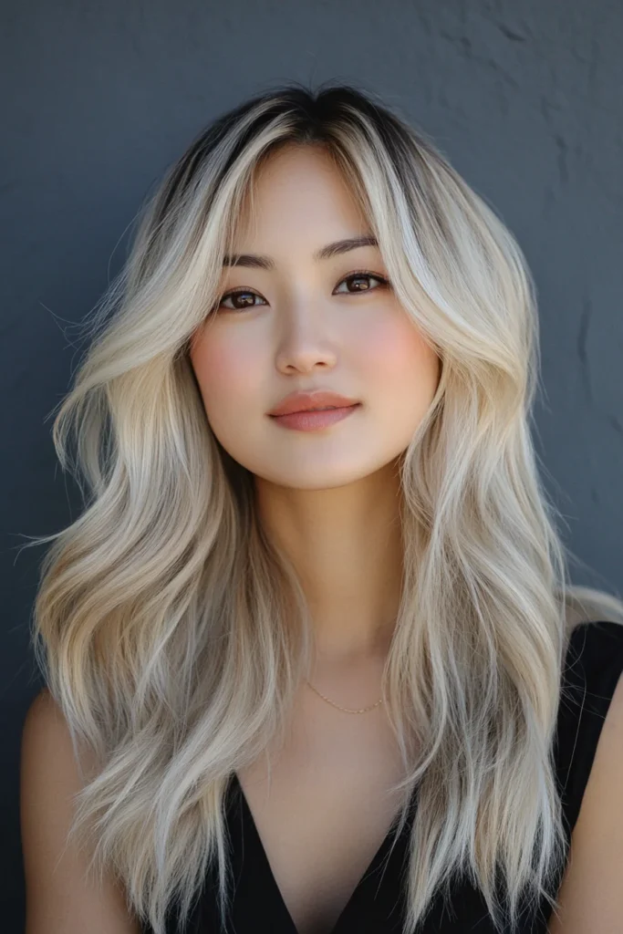 Donna con capelli Champagne Blonde lunghi e ondulati, sfondo grigio scuro neutro, styling elegante e luminoso perfetto per l'estate 2025.