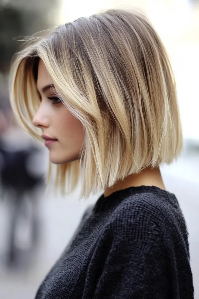 Taglio bob mosso con colorazione Champagne Blonde su base scura e radice sfumata. Effetto naturale, elegante e sofisticato, perfetto per l’estate 2025.