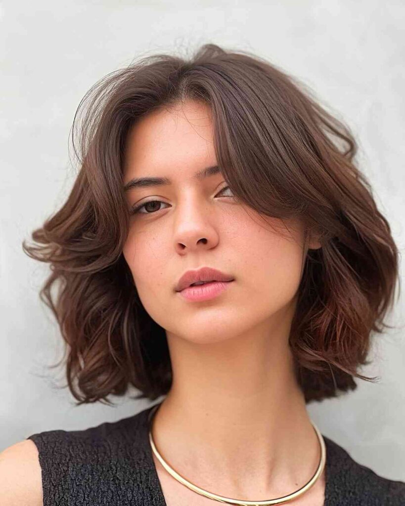 Donna con taglio Italian Bob scalato e destrutturato, capelli castani mossi con frangia a tendina, styling naturale e finish lucido.