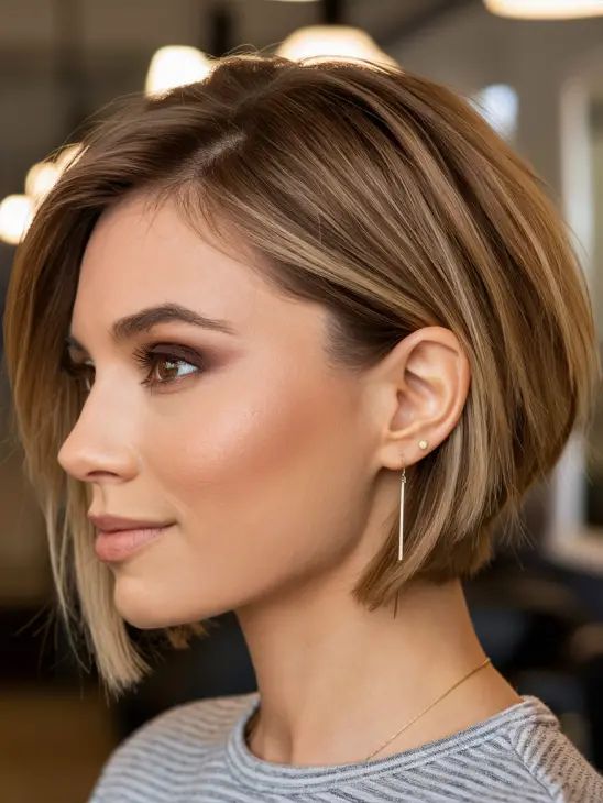 Donna con taglio short bob asimmetrico biondo cenere, piega liscia e riga laterale marcata.