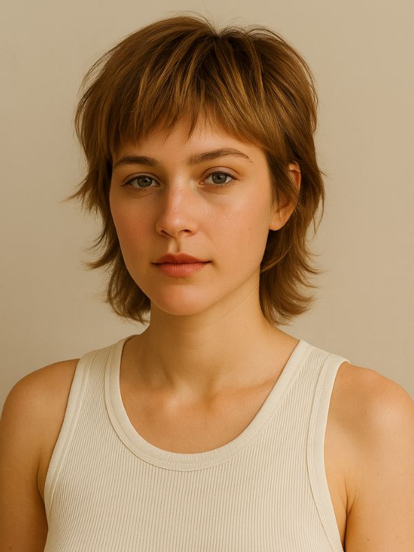 Donna con taglio capelli corti mixie biondo miele, stile estate 2025