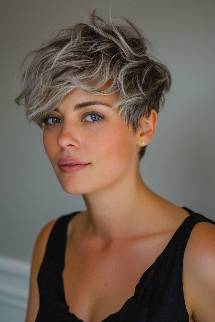 Donna con taglio pixie cut scalato e ciuffo lungo, con capelli biondo freddo sfumati grigi, stile estivo moderno 2025.