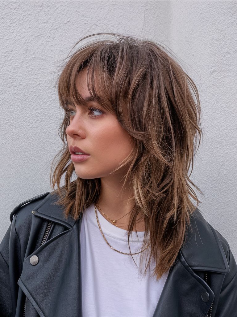 Donna con taglio shag medio scalato e frangia a tendina, styling spettinato naturale.