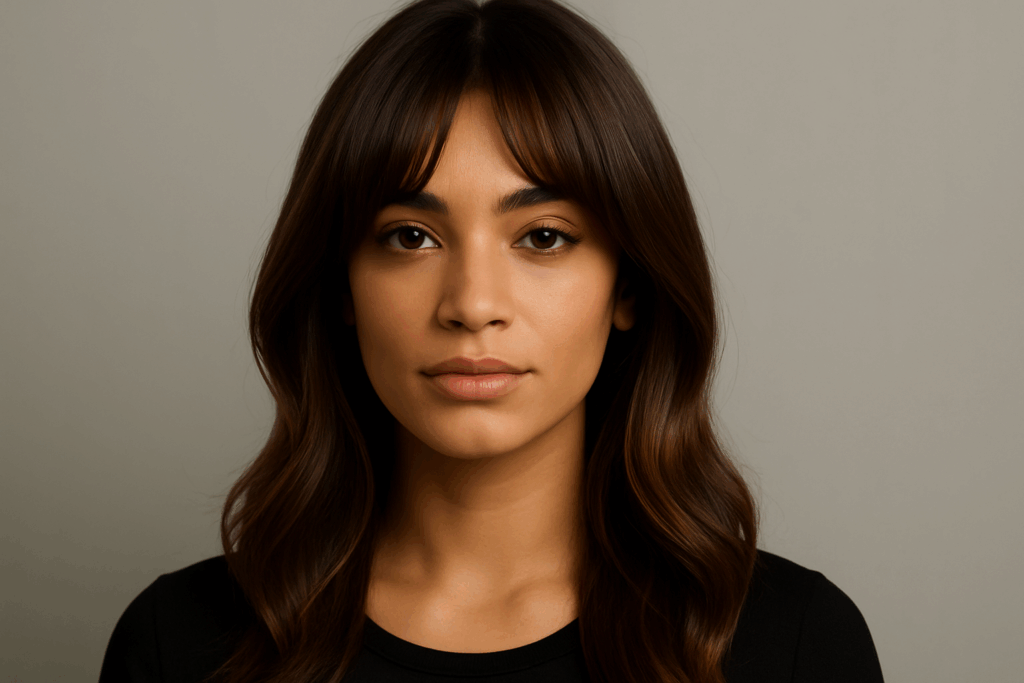 Donna con frangia a tendina morbida e versatile, aperta al centro e armoniosa con i capelli mossi."