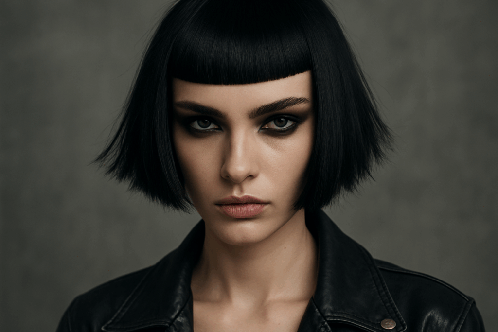 Donna con frangia grafica e taglio bob sfilato, sguardo intenso e trucco marcato, indossa una giacca in pelle nera su sfondo grigio.
