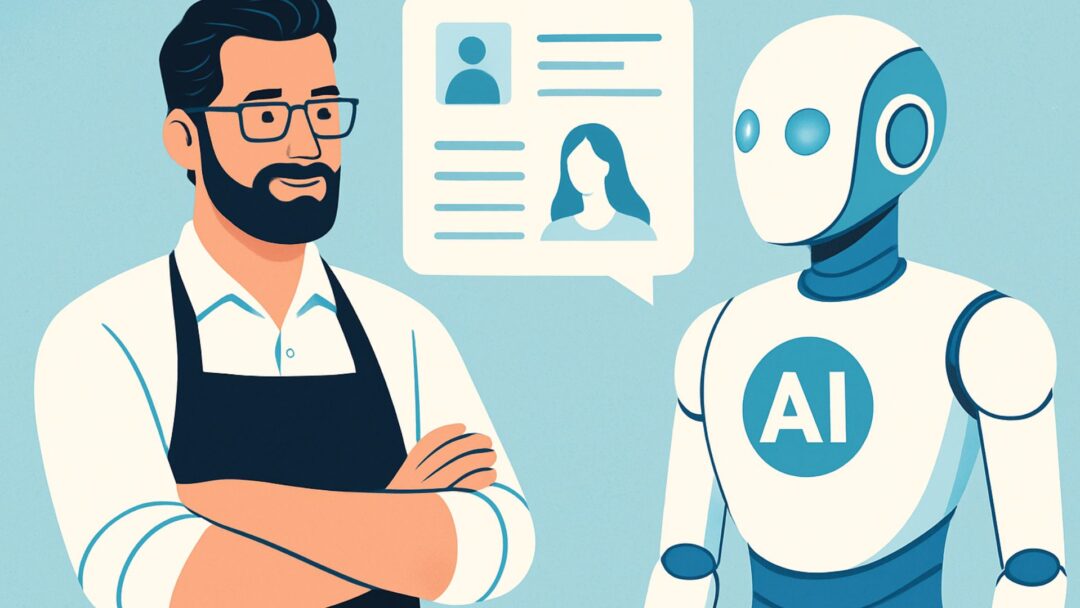 Illustrazione moderna con un parrucchiere e un robot AI che si scambiano informazioni, simbolo dell’integrazione tra intelligenza umana e artificiale nel settore hair.
