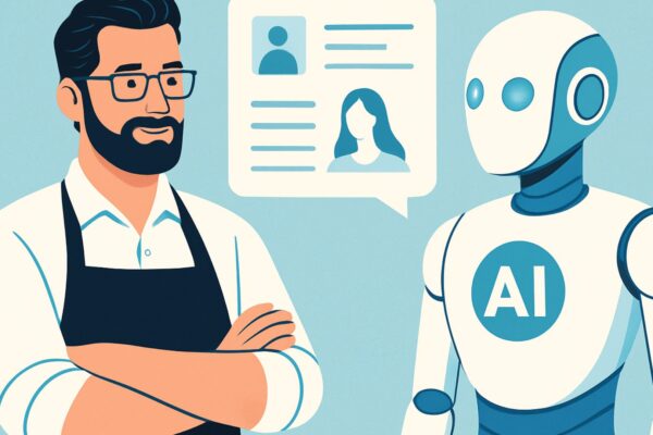 Illustrazione moderna con un parrucchiere e un robot AI che si scambiano informazioni, simbolo dell’integrazione tra intelligenza umana e artificiale nel settore hair.