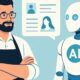 Illustrazione moderna con un parrucchiere e un robot AI che si scambiano informazioni, simbolo dell’integrazione tra intelligenza umana e artificiale nel settore hair.