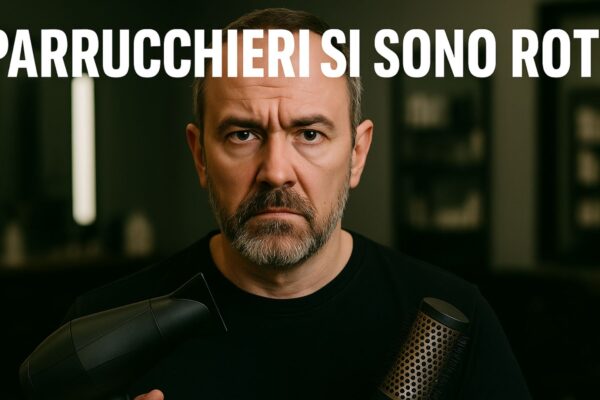 Parrucchiere di mezza età in salone, con espressione seria, tiene in mano un phon e una spazzola termica