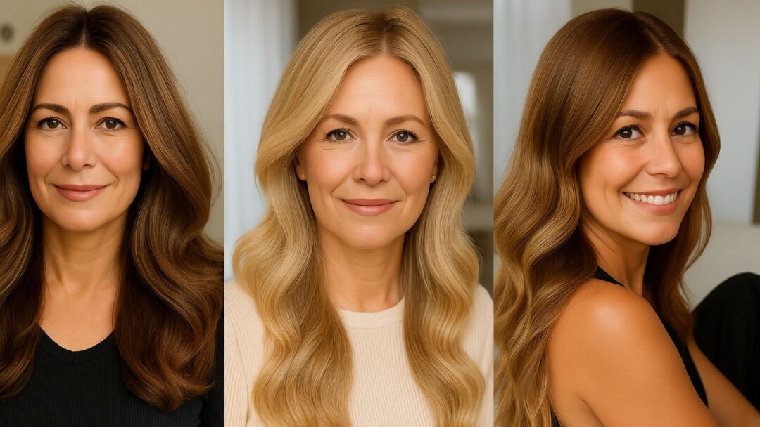 Tre donne over 40 con capelli lunghi e luminosi in diverse tonalità ringiovanenti: biondo champagne, castano freddo moka e soft caramel balayage, fotografate in ambienti naturali con luce morbida.