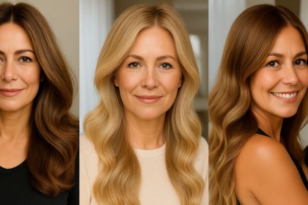 Tre donne over 40 con capelli lunghi e luminosi in diverse tonalità ringiovanenti: biondo champagne, castano freddo moka e soft caramel balayage, fotografate in ambienti naturali con luce morbida.