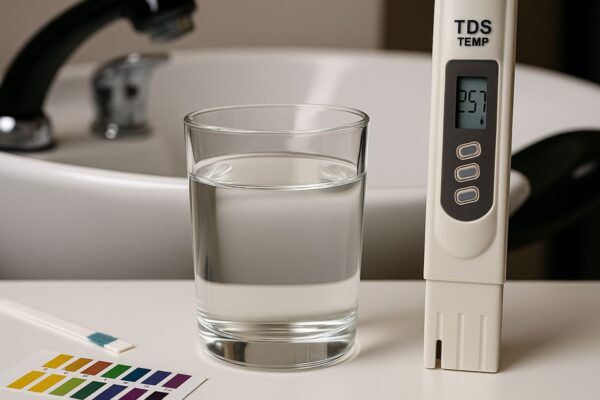 Tecnico in salone analizza l'acqua del lavatesta con strumenti professionali