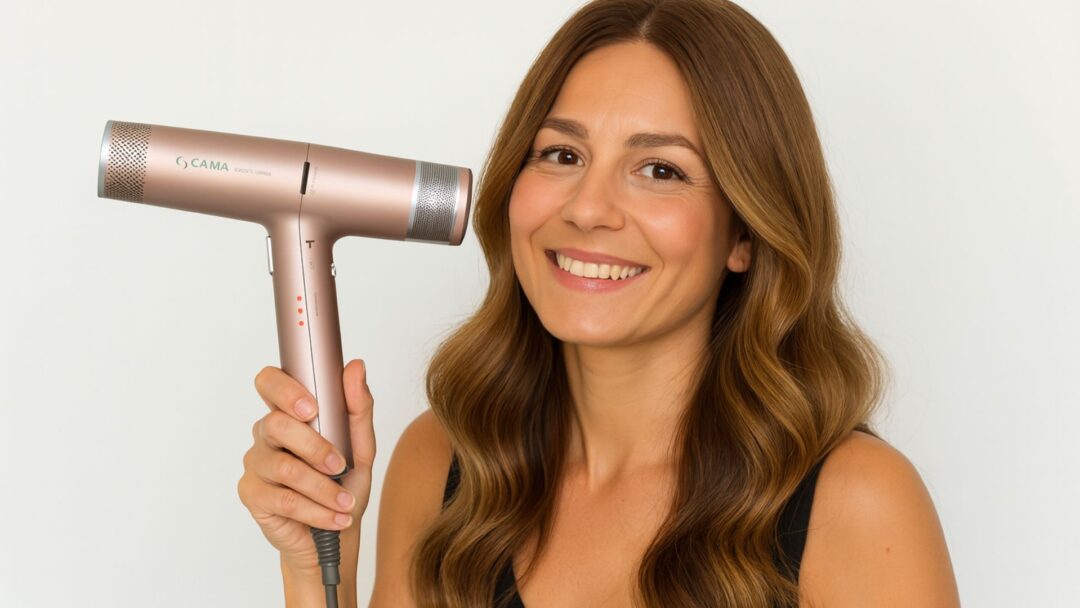Donna over 40 si asciuga i capelli con un phon Gama IQ3 nella sua routine mattutina