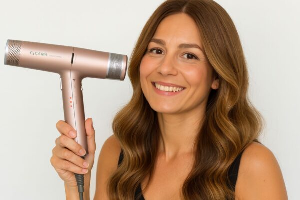 Donna over 40 si asciuga i capelli con un phon Gama IQ3 nella sua routine mattutina