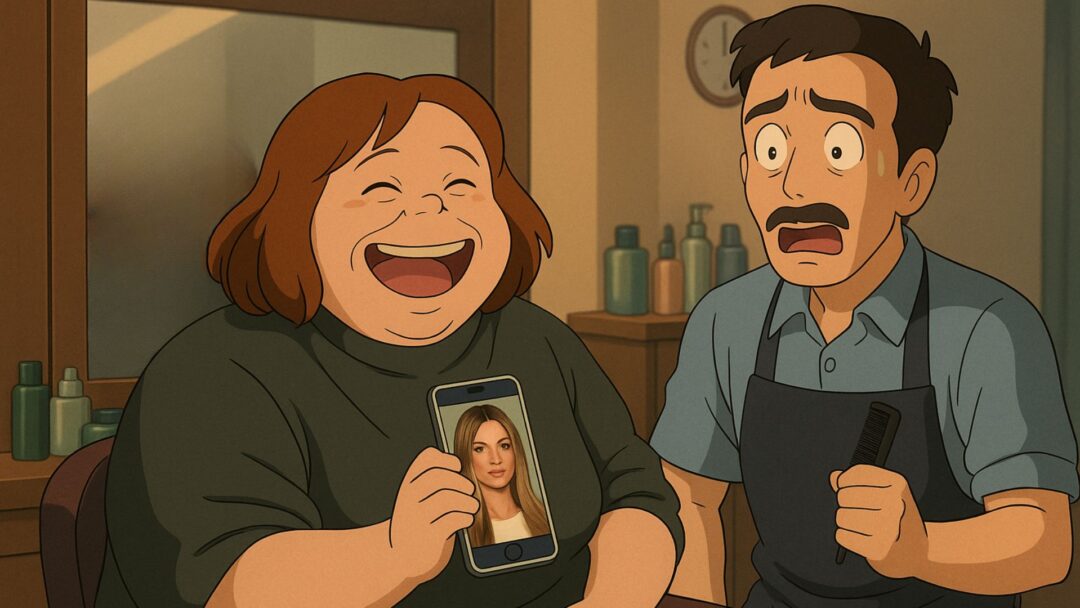 Cliente sorridente mostra al parrucchiere una foto di Hailey Bieber, scena illustrata in stile Studio Ghibli con tono ironico