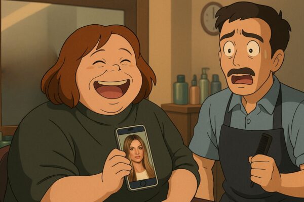 Cliente sorridente mostra al parrucchiere una foto di Hailey Bieber, scena illustrata in stile Studio Ghibli con tono ironico