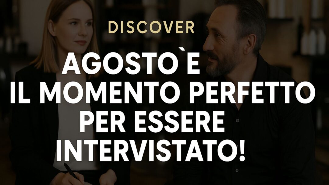 Giornalista intervista un parrucchiere in salone con testo promozionale: “Agosto è il momento perfetto per essere intervistato!”