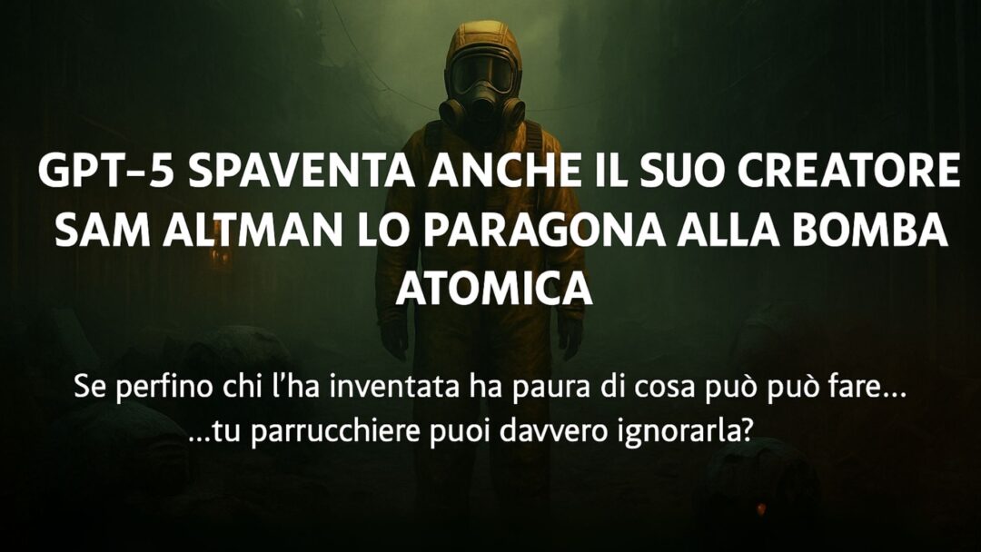 Parrucchiere in tuta hazmat in città distrutta, con scritta su GPT-5 e avvertimento su AI