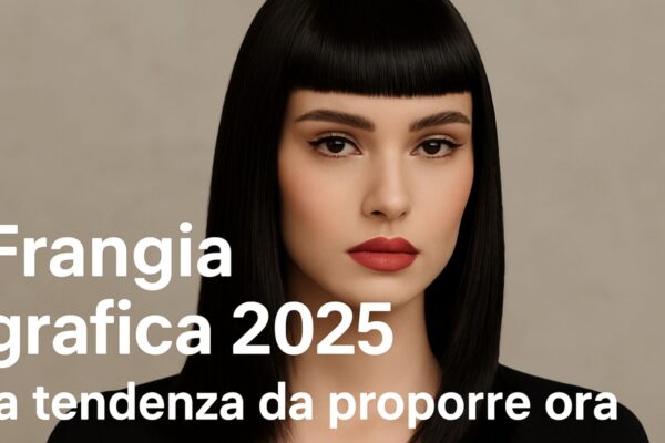 Giovane donna con frangia grafica netta e geometrica, perfettamente pettinata e fotografata in stile moda.