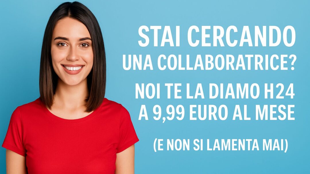 Giovane parrucchiera lavora al computer in salone, con scritta promozionale “La tua collaboratrice H24 a 9,99€” visibile nell’immagine.