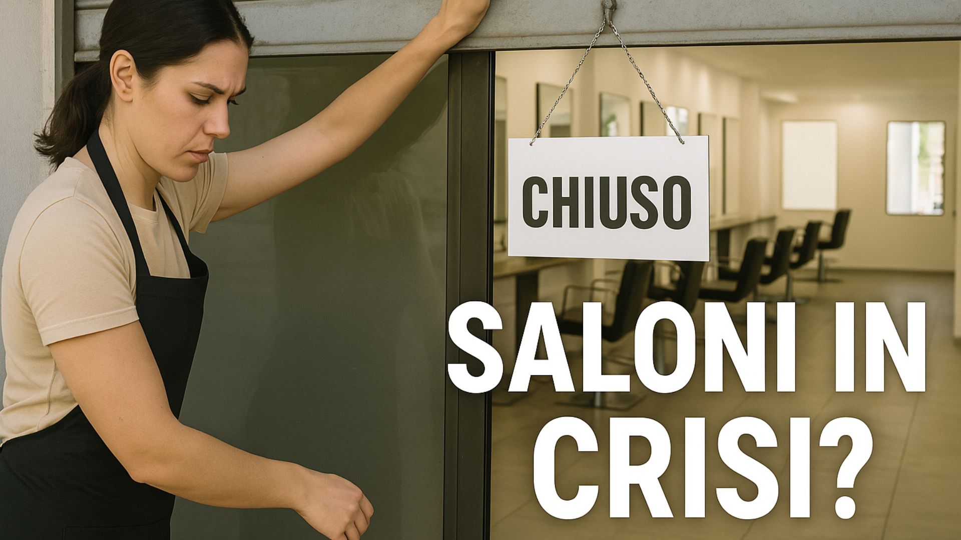 Parrucchiera chiude il salone con cartello "Chiuso" davanti a locali vuoti