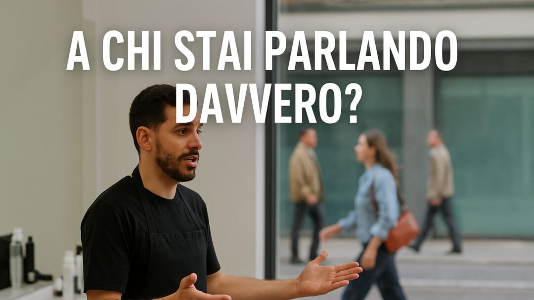 Parrucchiere che parla in salone mentre fuori passano potenziali clienti, con la scritta “A chi stai parlando davvero?”.