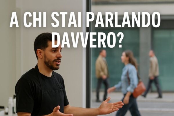 Parrucchiere che parla in salone mentre fuori passano potenziali clienti, con la scritta “A chi stai parlando davvero?”.