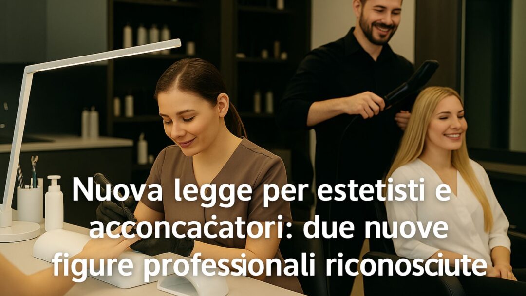 Estetista e parrucchiere al lavoro in salone, con testo “Nuova legge per estetisti e acconciatori: due nuove figure professionali riconosciute” al centro.