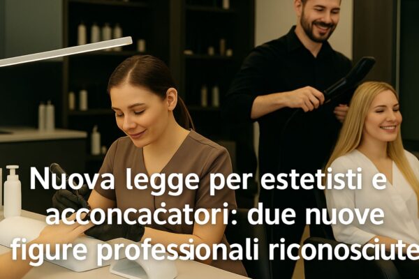 Estetista e parrucchiere al lavoro in salone, con testo “Nuova legge per estetisti e acconciatori: due nuove figure professionali riconosciute” al centro.
