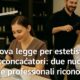 Estetista e parrucchiere al lavoro in salone, con testo “Nuova legge per estetisti e acconciatori: due nuove figure professionali riconosciute” al centro.