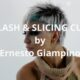 Primo piano di una modella con taglio corto e creativo, tecnica Flash & Slicing Cut di Ernesto Giampino, su sfondo chiaro.