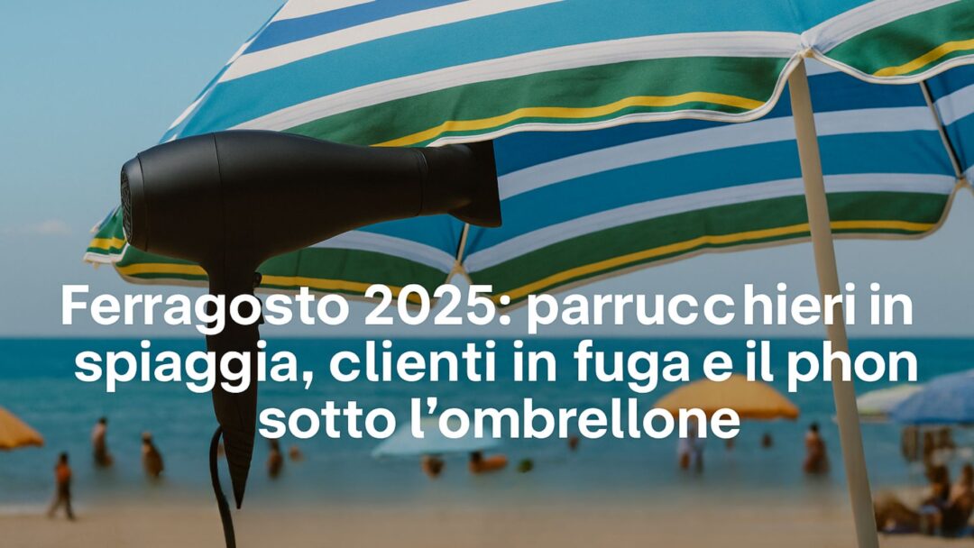 Parrucchiere in spiaggia che si rilassa al sole durante Ferragosto 2025, con un phon appoggiato sull’asciugamano.