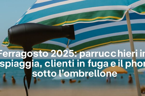 Parrucchiere in spiaggia che si rilassa al sole durante Ferragosto 2025, con un phon appoggiato sull’asciugamano.