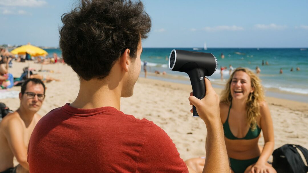 Ragazzo in spiaggia che usa un phon a batteria per asciugarsi i capelli sotto il sole di Ferragosto.