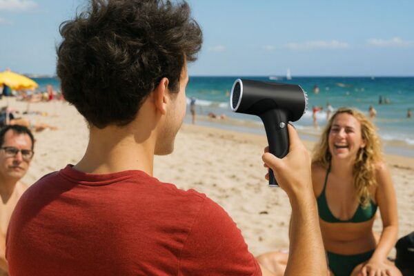 Ragazzo in spiaggia che usa un phon a batteria per asciugarsi i capelli sotto il sole di Ferragosto.