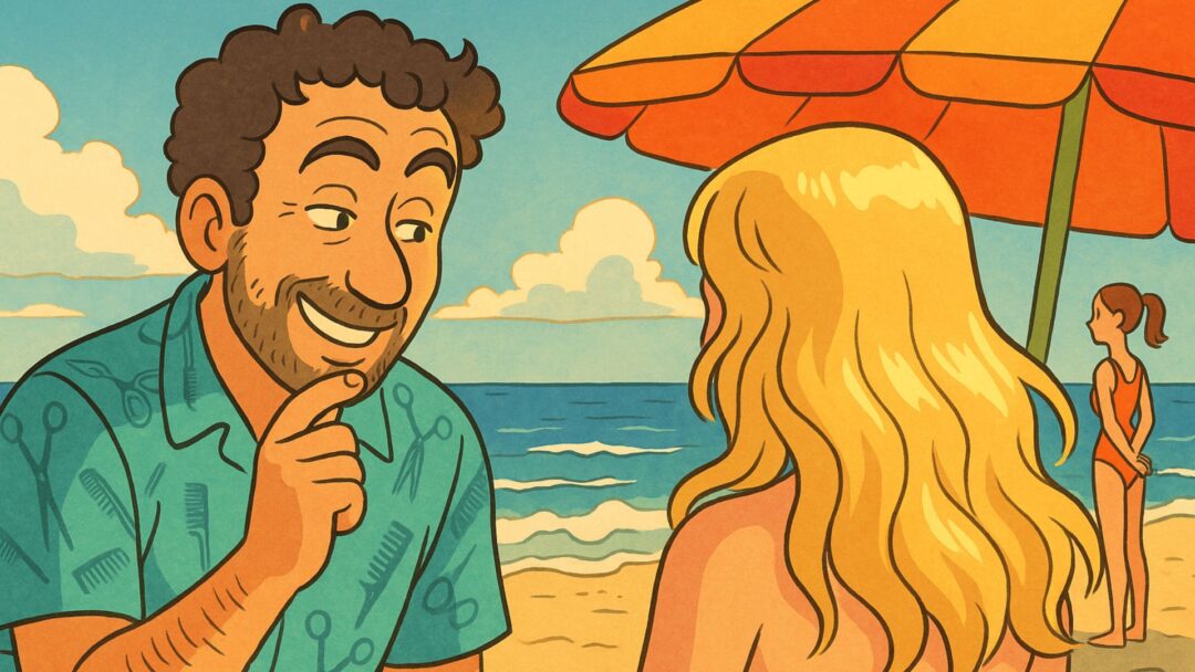Illustrazione in stile Studio Ghibli di un parrucchiere in vacanza che osserva i capelli biondi di una donna seduta in spiaggia sotto un ombrellone arancione.