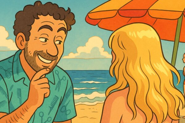 Illustrazione in stile Studio Ghibli di un parrucchiere in vacanza che osserva i capelli biondi di una donna seduta in spiaggia sotto un ombrellone arancione.