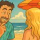 Illustrazione in stile Studio Ghibli di un parrucchiere in vacanza che osserva i capelli biondi di una donna seduta in spiaggia sotto un ombrellone arancione.