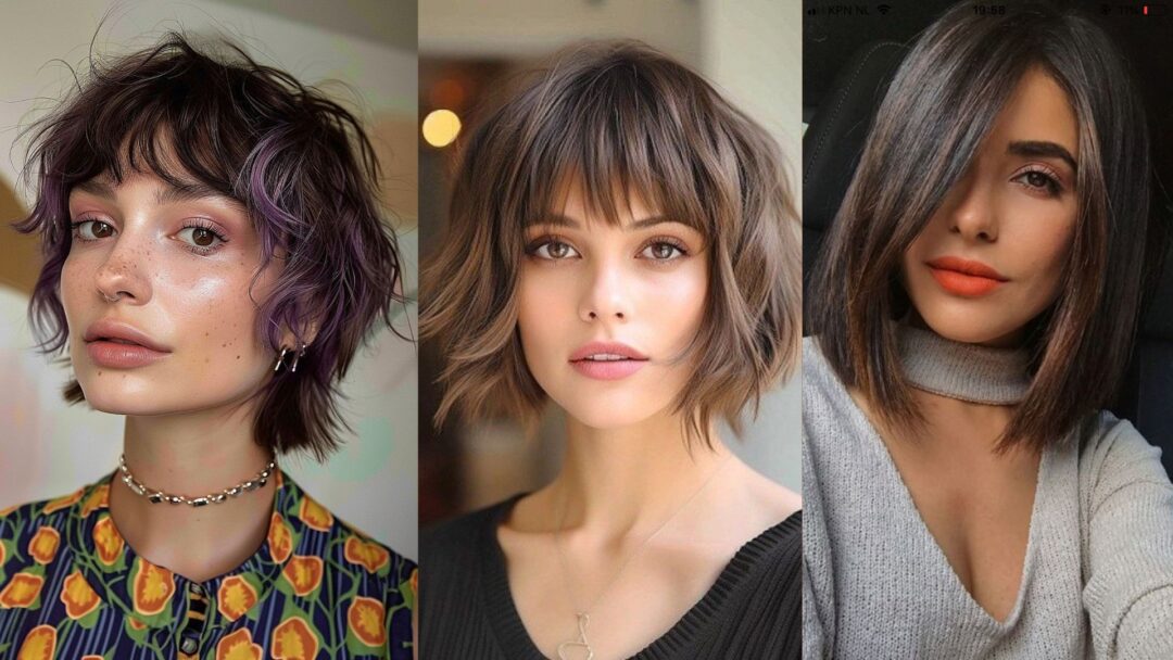 Tre donne con tagli corti di tendenza 2025: pixie morbido spettinato con riflessi viola, bob scalato con frangia e carré lungo liscio con riga laterale.