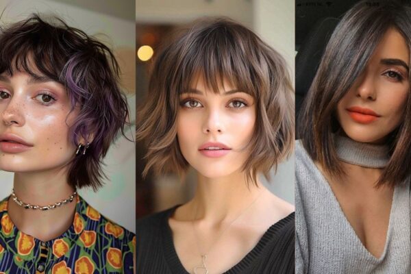 Tre donne con tagli corti di tendenza 2025: pixie morbido spettinato con riflessi viola, bob scalato con frangia e carré lungo liscio con riga laterale.