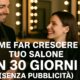 Parrucchiere che parla con una cliente sorridente in salone moderno, con il testo promozionale “Come far crescere il tuo salone in 30 giorni senza pubblicità” centrato nell’immagine.