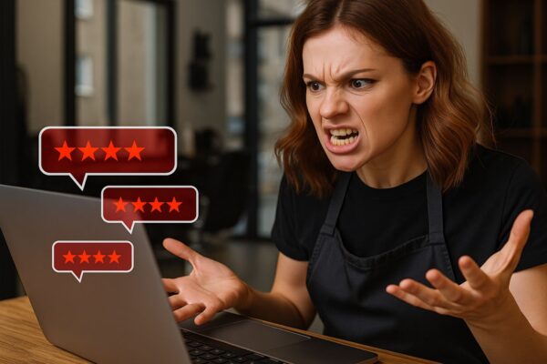 Parrucchiera arrabbiata davanti al computer in salone mentre legge recensioni negative online.