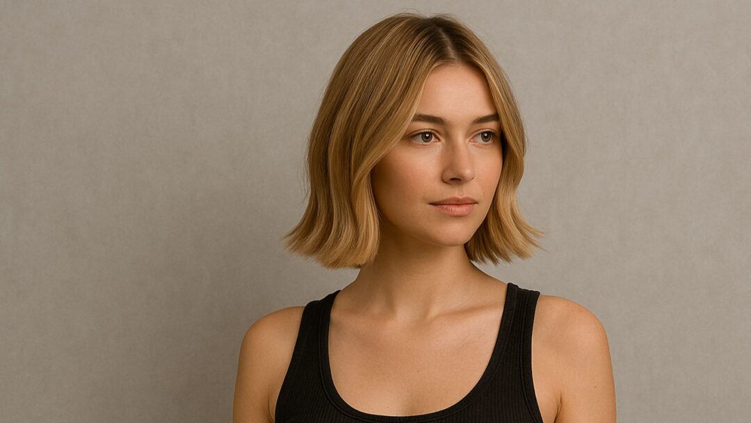 "Modella in studio con capelli biondo beige sabbia, acconciatura elegante e naturale, scatto professionale per articolo sul trend colore capelli."