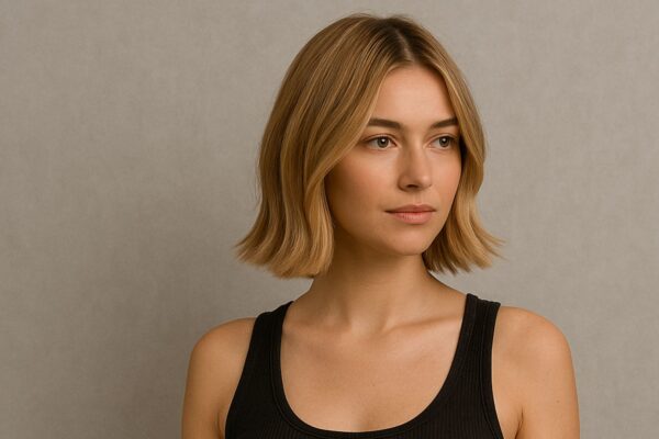 "Modella in studio con capelli biondo beige sabbia, acconciatura elegante e naturale, scatto professionale per articolo sul trend colore capelli."